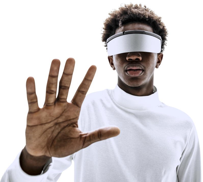 man wearing smart glasses touching virtual screen